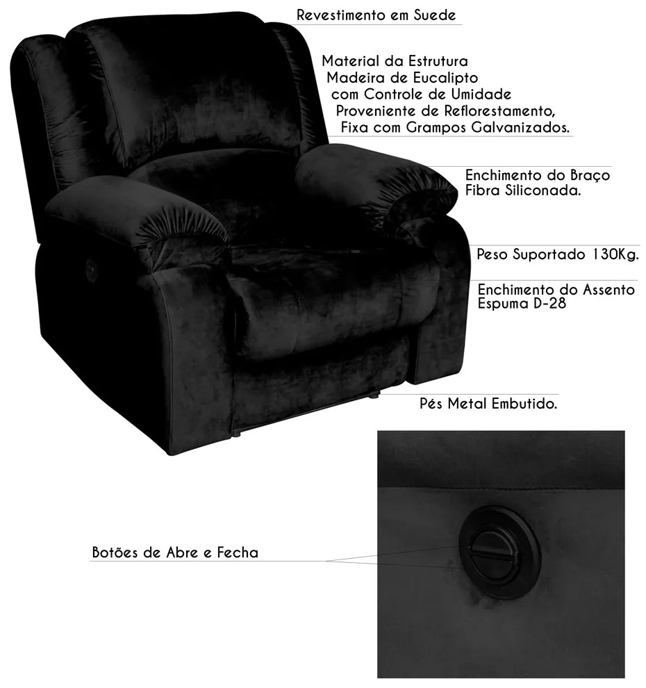 Poltrona do Papai Reclinável Elétrica Magnum Veludo Preto G23 - Gran Belo