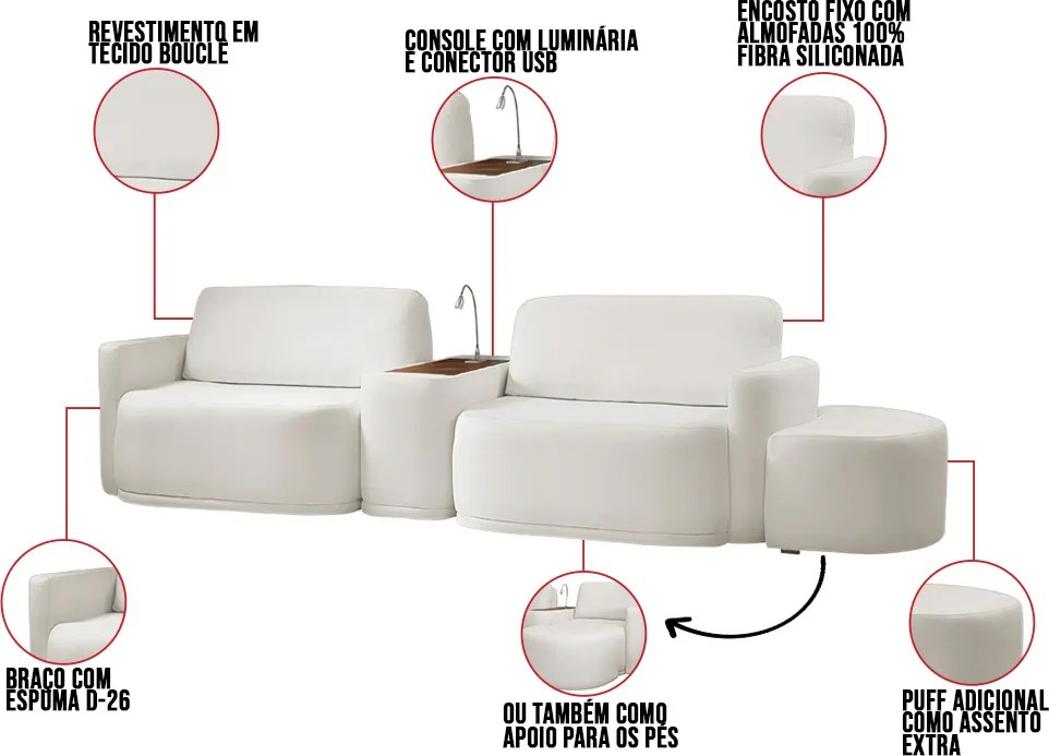 Sofá Sala Modulado 259cm com Puff Console USB Luminária Brumma Bouclê K01 - D'Rossi - Cinza claro