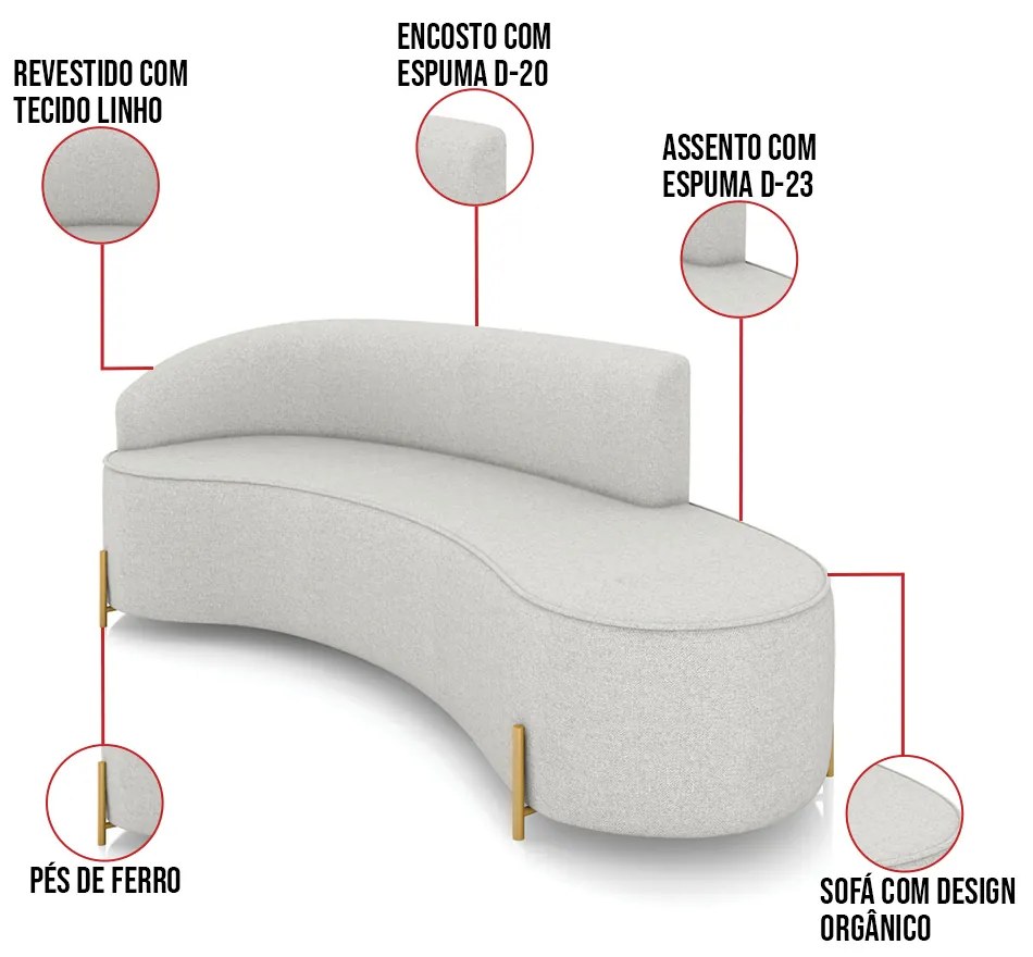 Sofá 4 Lugares Orgânico 220cm Pé Dourado Morgan Linho D03 - D'Rossi - Cinza