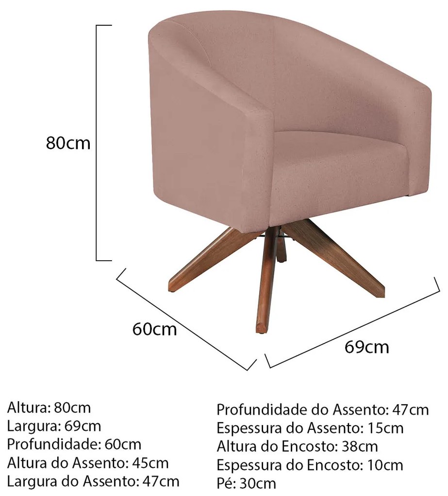 Poltrona Luiza Base Giratória de Madeira Linho Rosê - ADJ Decor