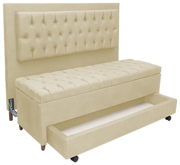 Cabeceira com Calçadeira Baú Casal King 195cm Paris Capitonê Suede Bege - Sheep Estofados - Bege