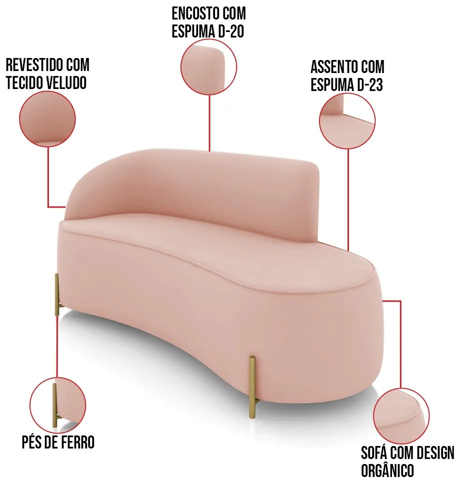 Sofá 3 Lugares Orgânico 180cm Pé em Aço Dourado Morgan Veludo D03 - D'Rossi - Rose