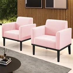 Poltrona Base Madeira Preto Kit 2 Maressa Suede Rosa Bebê - Ibiza