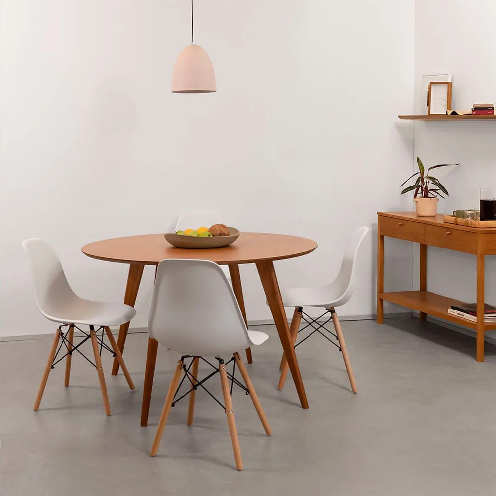 Conjunto Mesa de Jantar Square Laminada Redonda Natural - 1,08m + 4 Cadeiras Eiffel em PP - Branco