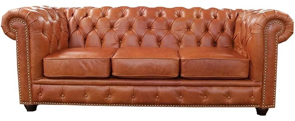 Sofá 3 Lugares Sala de Estar 235cm Chesterfield Pés Madeira Couro Conhaque G40 - Gran Belo