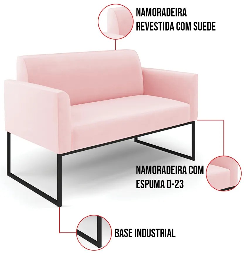 Sofá Namoradeira Base Industrial Preto Marisa Suede Rosa Bebê D03 - D'Rossi