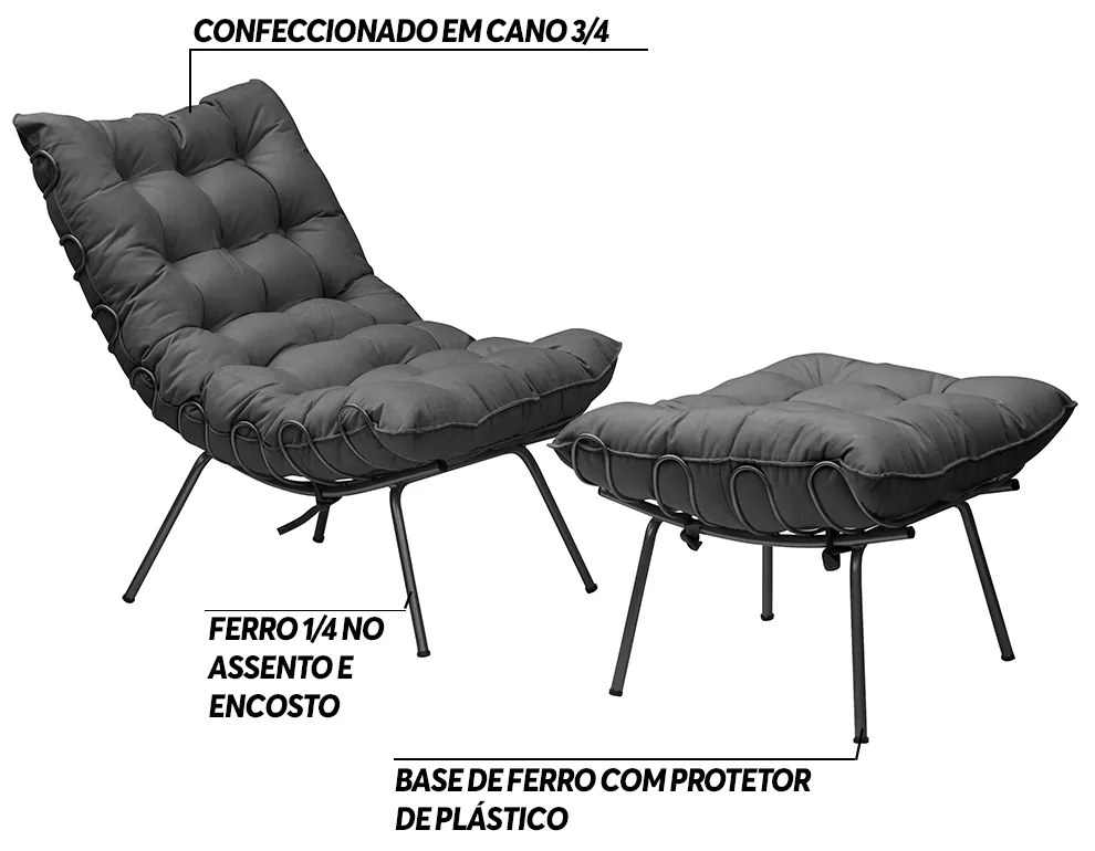 Conjunto Decorativo Poltrona e Puff Abel Base de Ferro Preto Suede Cinza G41 - Gran Belo