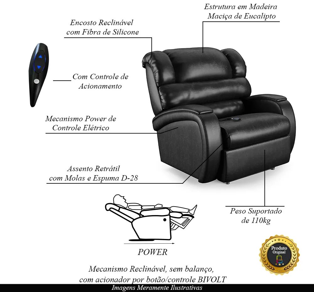 Poltrona do Papai Sala de Cinema Reclinável Kylie Controle Power Elétrico PU Preto Brilho G23