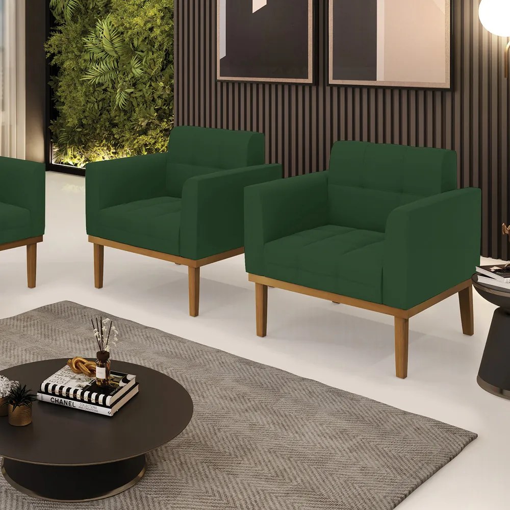 Kit 2 Poltronas Decorativas Karen Pés Fixo em Madeira Castanho Veludo Verde Esmeralda G19 - Gran Belo