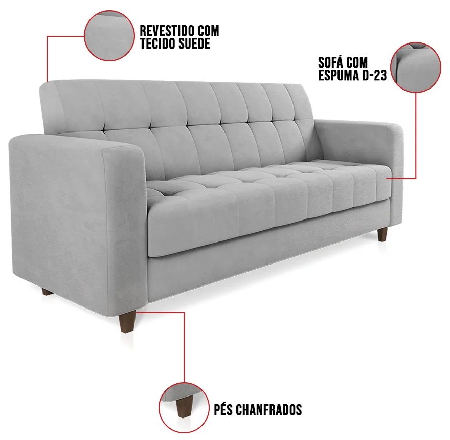 Sofá 03 Lugares Arezzo Suede Pés Chanfrado Tabaco D01 - D'Rossi - Cinza