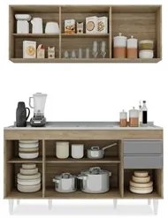 Armário Líbia e Balcão com Pia Inox 150cm Tunísia L03 Castanho/Cinza -