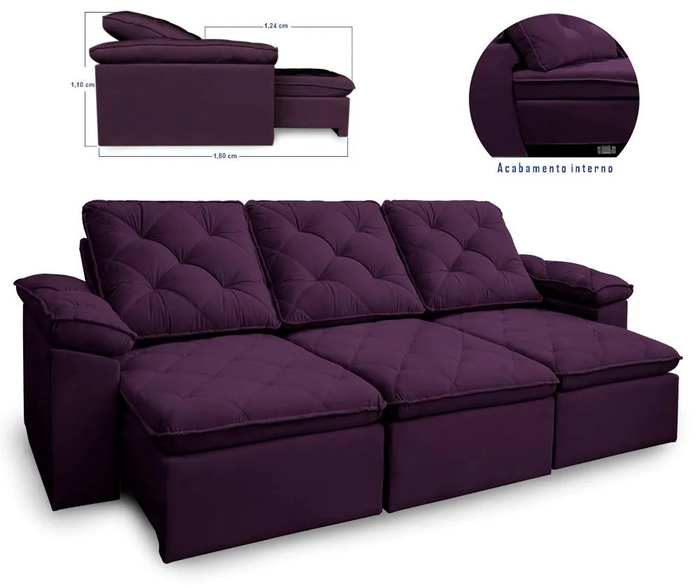 Sofá Reclinável Retrátil 3 Lugares 290cm Verus Veludo Roxo - Sheep Estofados - Púrpura