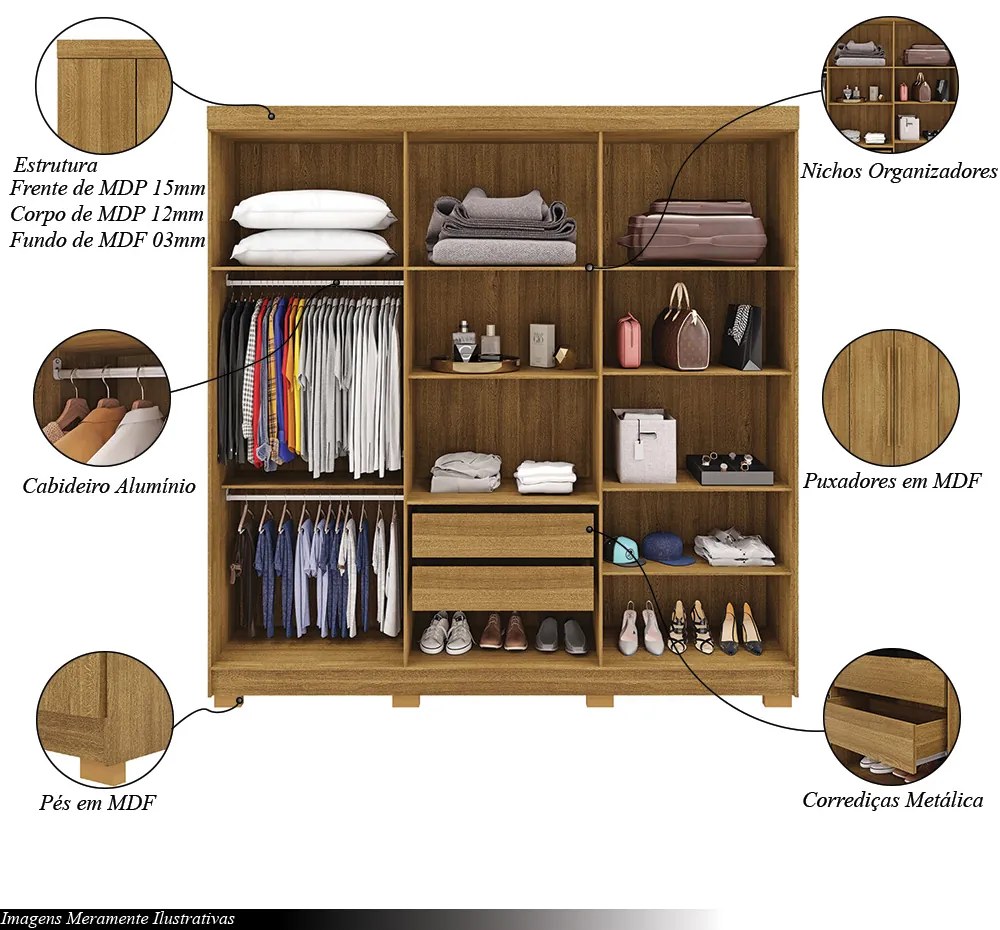 Guarda Roupa Casal Doral 218cm 6 Portas de Bater 2 Gavetas Nature G98 - Gran Belo