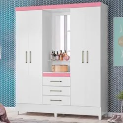 Guarda Roupa Capelinha Flex 4 Portas 3 Gavetas Persia D02 Branco/Rosa/