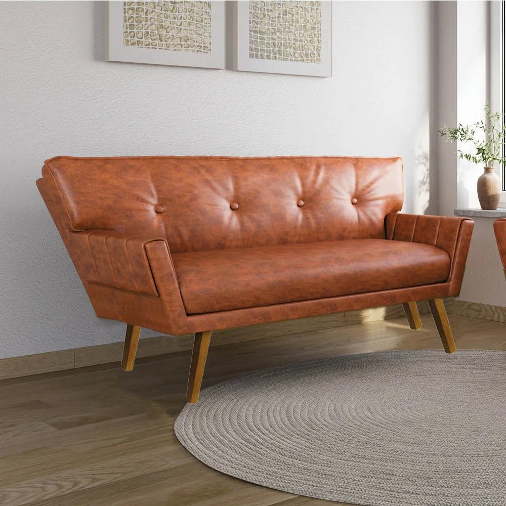 Sofá 2 Lugares Namoradeira Pé de Madeira Anitta Sintético PU Nozes D03 - D'Rossi