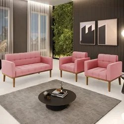 Sofá Namoradeira e 2 Poltronas Base Madeira Castanho Ana Suede Rosê -