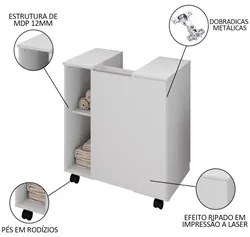 Gabinete Para Banheiro 55cm 1 Porta Com Rodízios Pequin Branco - Becha