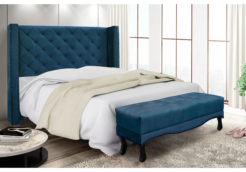 Cabeceira Cama Box King 195cm e Recamier Vicenza Veludo S04 - D'Rossi - Azul Marinho