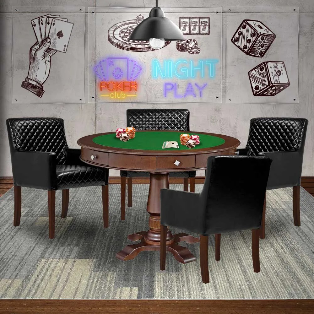 Mesa de Jogos Carteado Victoria Redonda Tampo Reversível Imbuia com Kit 4 Cadeiras Liverpool PU Sintético Preto Matelassê G36 G15 - Gran Belo