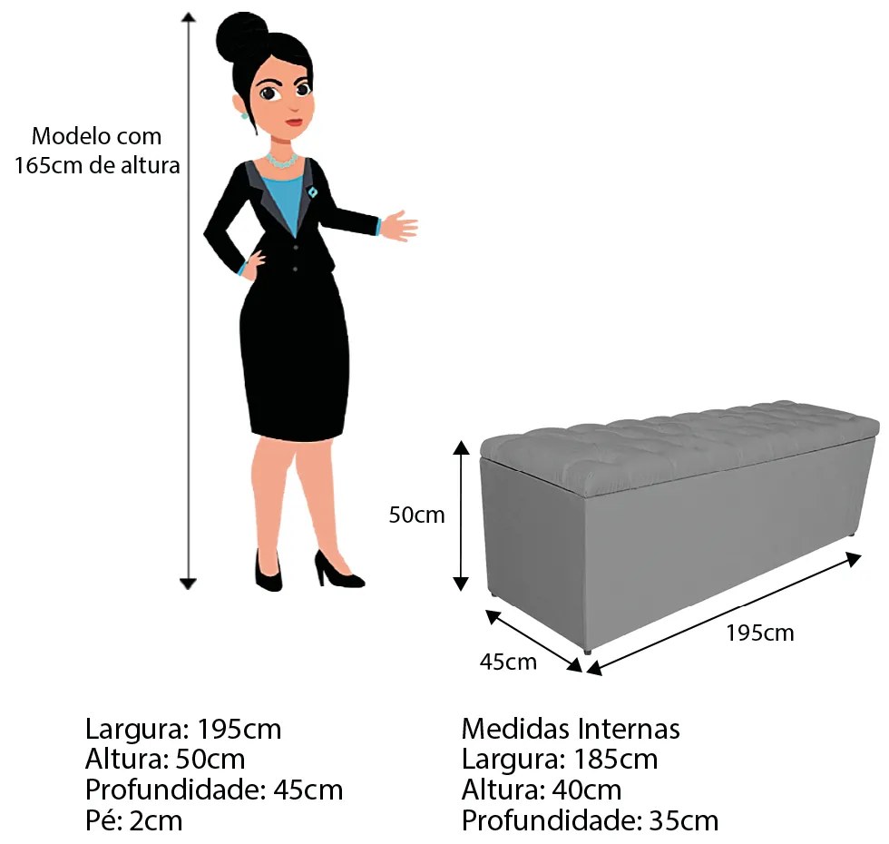 Calçadeira Estofada Liverpool 195 cm King Size Corano Cinza - ADJ Decor
