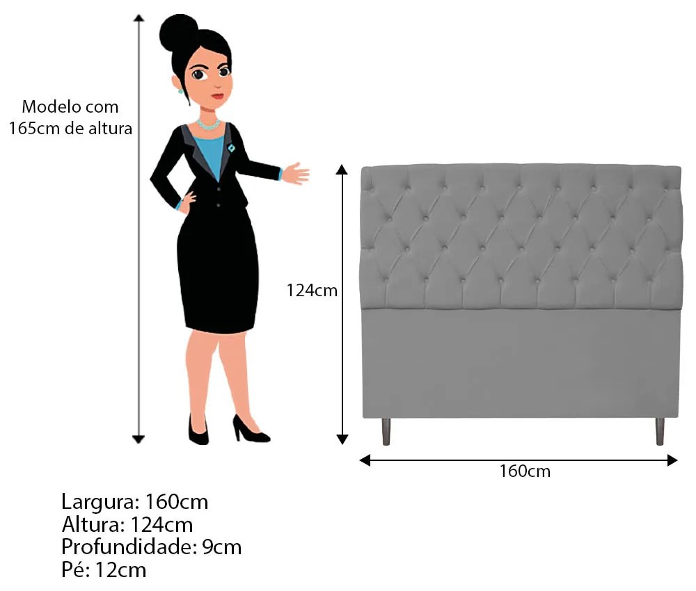 Cabeceira Estofada Liverpool 160 cm Queen Size Corano Cinza - ADJ Decor