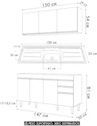 Armário Cozinha e Balcão Com Pia 150cm Marrocos Castanho    - Lumil