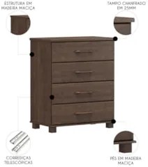 Cômoda Para Quarto 85cm 4 Gavetas Pé Madeira Eduarda Café F07 - Mpozen