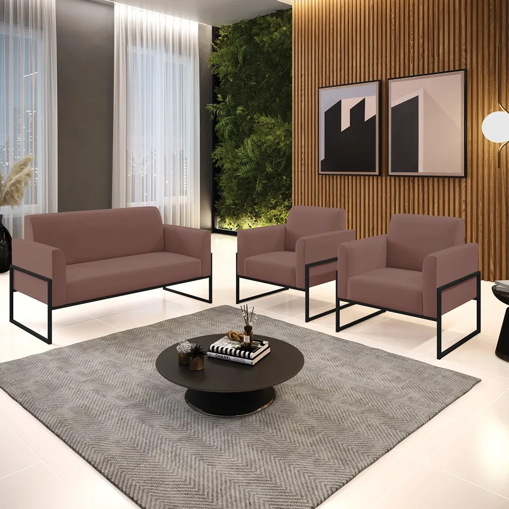 Sofá Namoradeira com 2 Poltronas Base Industrial Alta Preto Marisa Veludo D03 - D'Rossi - Rose