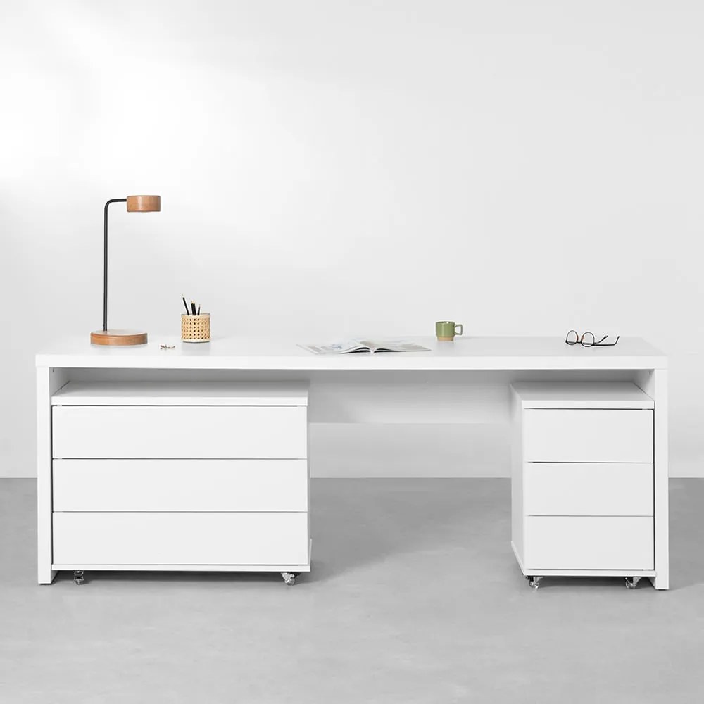 Conjunto Office - Bancada Contemporânea New Branco 1,80m + Gaveteiro 3 Gavetas Branco 42,5cm + Gaveteiro 3 Gavetas Branco 85cm - Conjunto Office - Bancada Contemporânea New Branco 1,80m + Módulo 3 Gavetas Branco 42,5cm + Módulo 3 Gavetas Branco 85cm