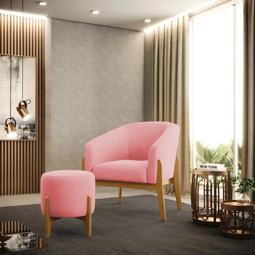 Poltrona com Puff Base de Madeira Stella Suede D03 - D'Rossi - Rose