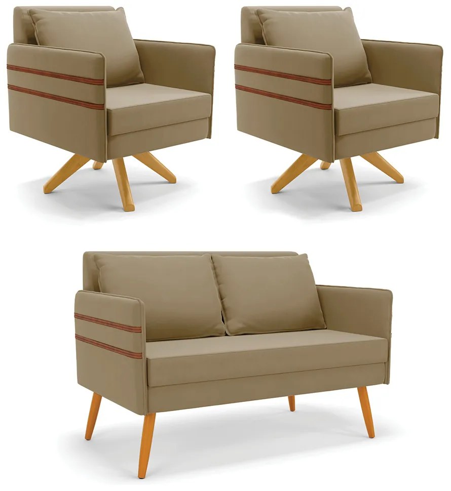Kit 01 Namoradeira 02 Lugares e 02 Poltronas Mari Suede Base de Madeira MA30 - D'Rossi - Marrom Rato