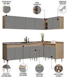 Armário de Cozinha Modulado de Canto 6 Peças CP33 com Pia Inox Castanh