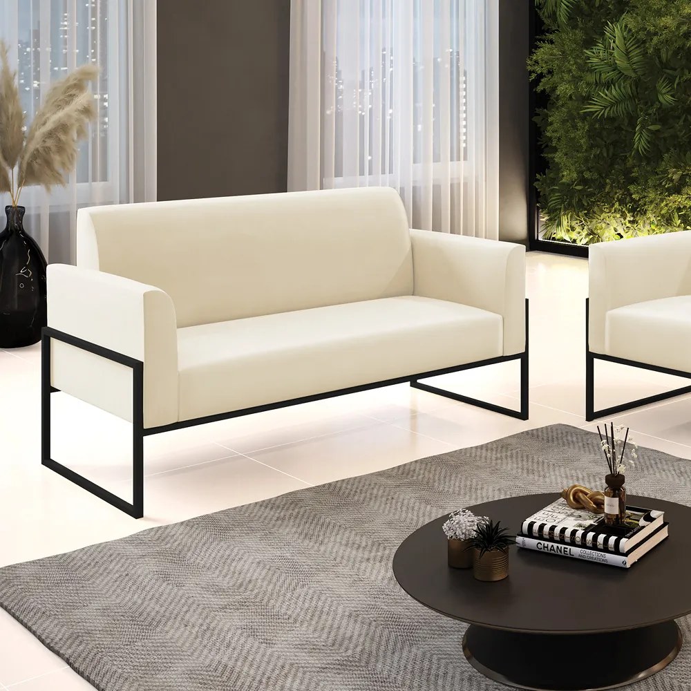 Sofá Namoradeira Base Industrial Alta Preto Marisa Veludo D03 - DRossi - Bege