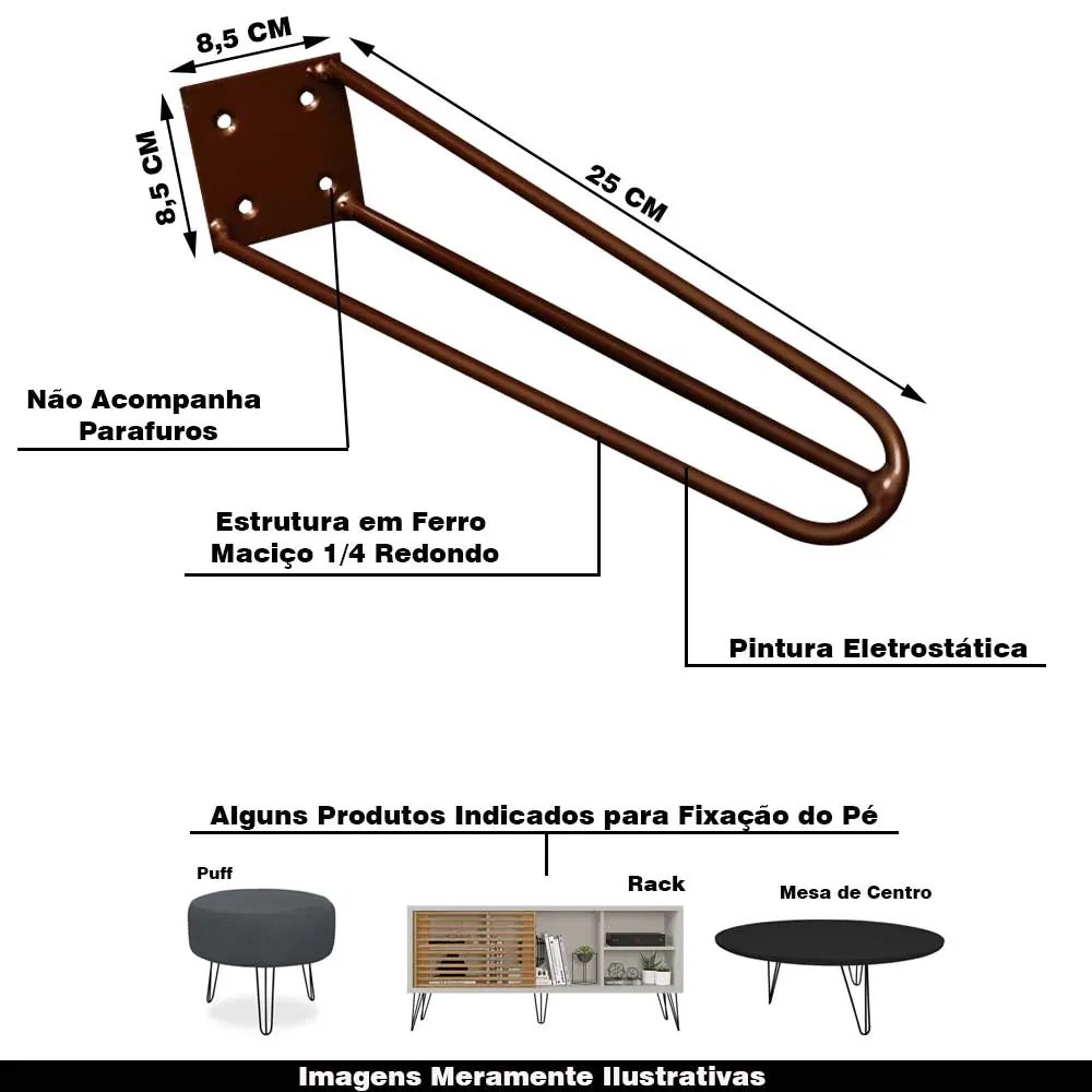 Kit 4 Pés de Metal 25 CM Hairpin Legs Rack e Puffs Bronze G41