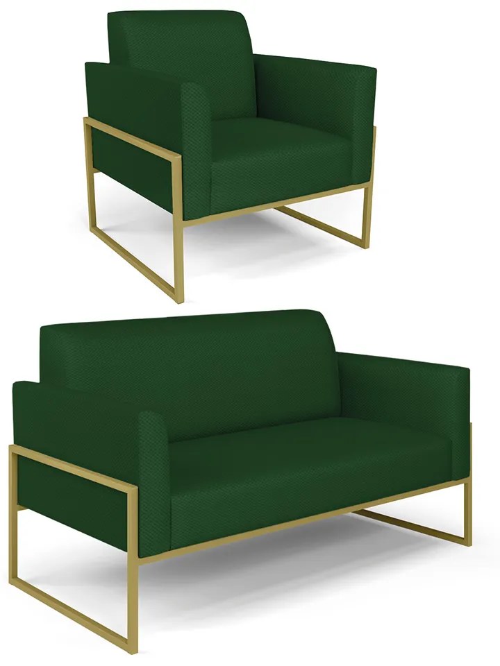 Sofá Namoradeira com Poltrona Base Industrial Alta Dourado Marisa Veludo Verde