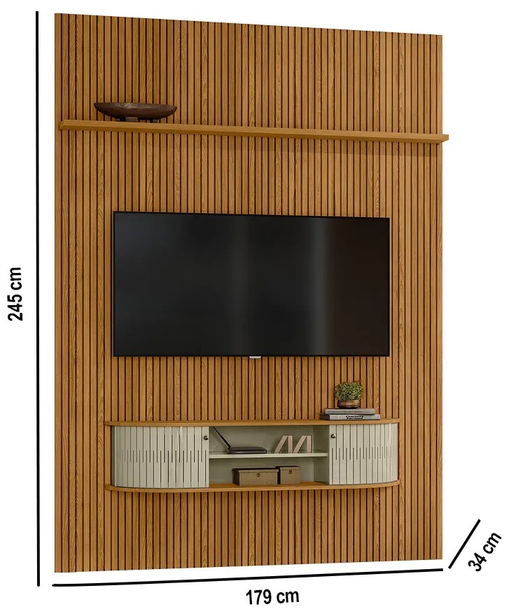 Painel TV 65 Pol 179cm Ripado Valen e Bancada Suspensa Norezi Cumaru/Opala M20 - D'Rossi