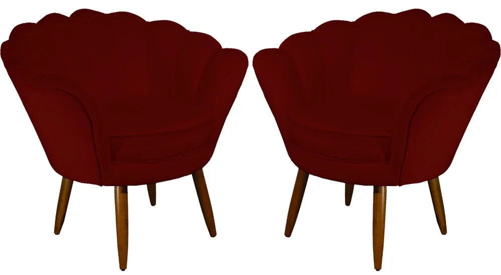 Kit 2 Poltronas Decorativas Pétala Pés Palito Suede Bordô - Sheep Estofados