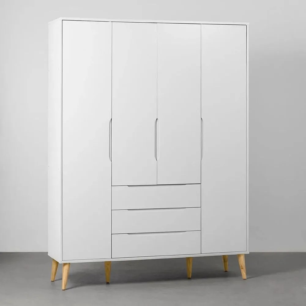 Guarda-Roupa Elfe 4 Portas e 3 Gavetas com Pés Retrô Natural – Branco Fosco