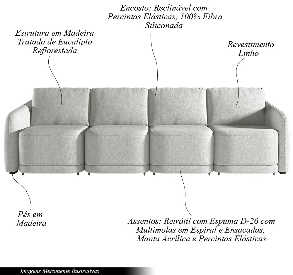 Sofá Cama Modulado Retrátil e Reclinável Decorativo Varsóvia 356cm Linho Cinza G33 - Gran Belo