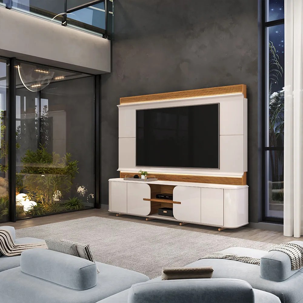 Home Estante TV 75" Ahri Ripado Canelado 4 Portas com Amortecimento OffWhite/Freijó G18 - Gran Belo