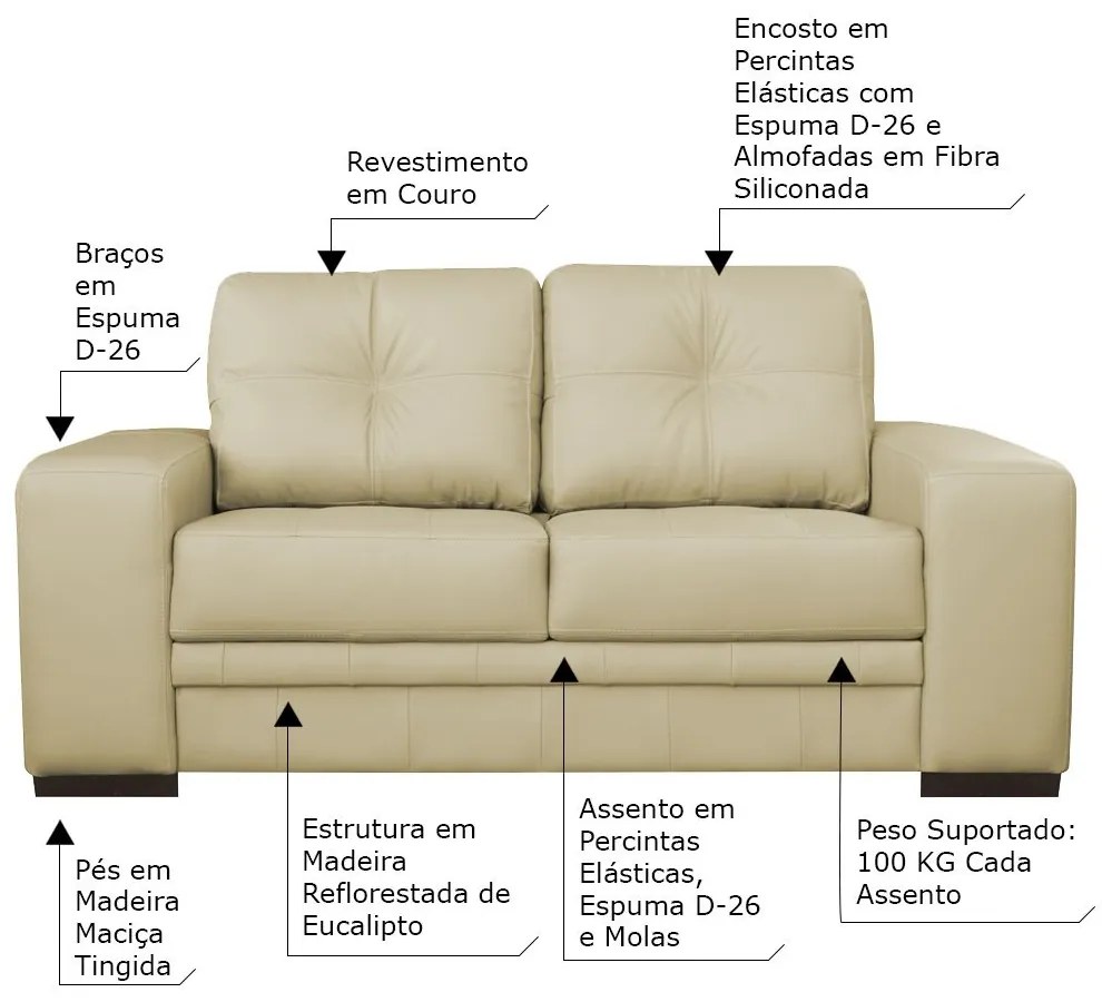 Sofá 2 Lugares Sala de Estar Milano 170cm Couro Bege G58 - Gran Belo