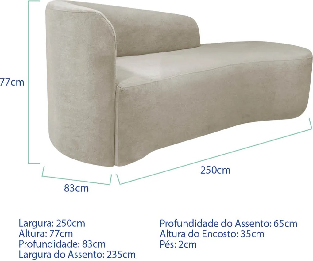 Kit Divã Recamier Orgânico França 250cm Lado Direito e 2 Poltronas Amore Linho