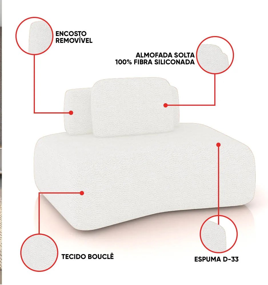 Sofá Módulo Canto 175cm Orgânico Sala Berlim Bouclê K01 - D'Rossi - Off White