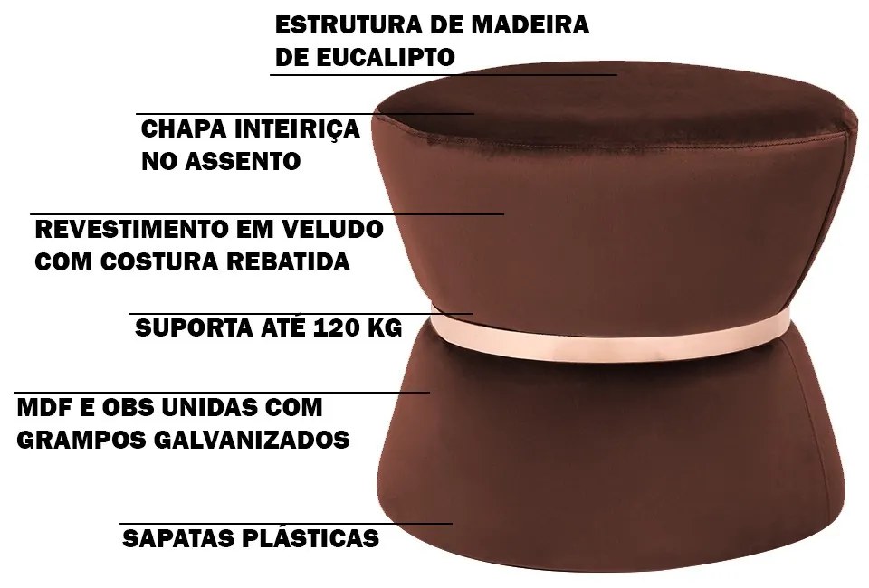 Puff Decorativo Sala de Estar 45cm Dhaka Veludo Marrom G15 - Gran Belo