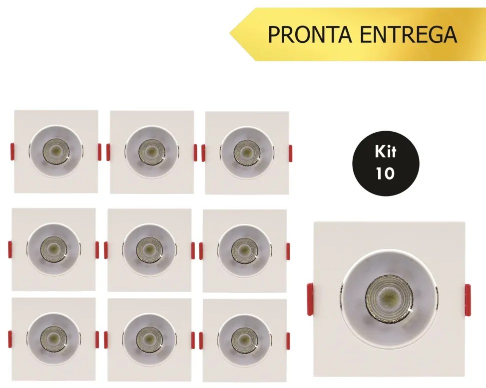 Kit Spot De Embutir Quadrado 5W 6500K Led Bivolt 8,6X8,6X2,5Cm (10 Peç...