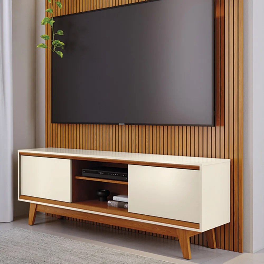 Painel TV 65 Pol 179cm Ripado Valen e Rack Bancada Mylan M20 - D'Rossi - Cinamomo(fosco)/Off White(brilho)