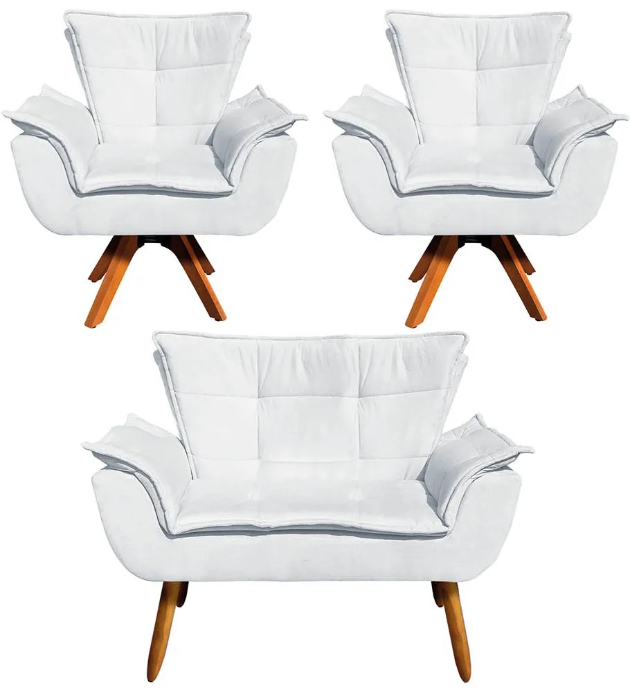 Sofá Namoradeira e 2 Poltronas Giratória MM30 Opala Suede - Cinza