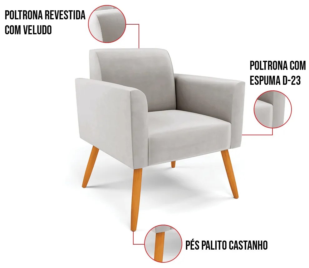 Kit 2 Poltronas Pés Palito Castanho Marisa Veludo D03 - D'Rossi - Cinza