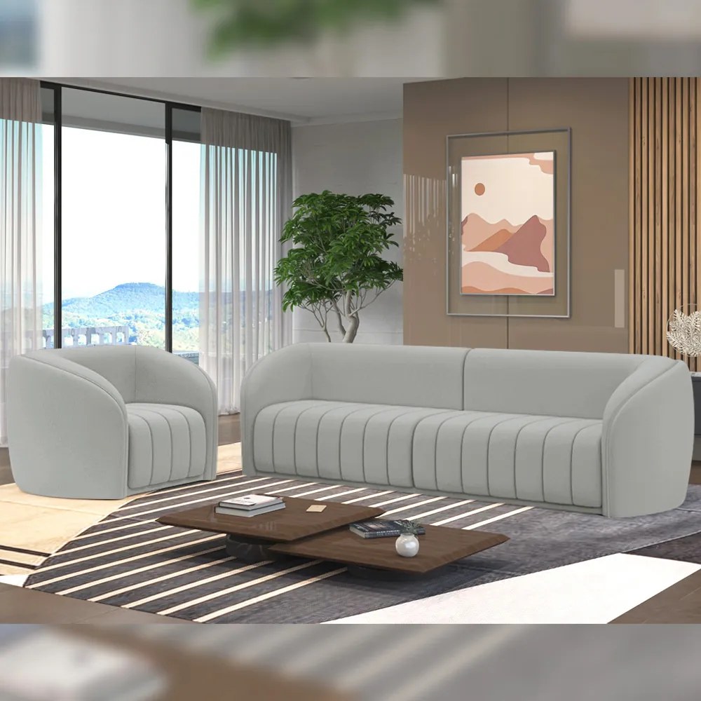 Conjunto Sala de Estar Sofá 252cm 3 Lugares e Poltrona Adam Veludo Cinza Claro G45 - Gran Belo
