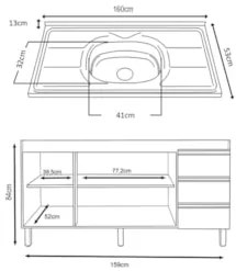 Balcão Gabinete Com Pia 160cm 3 Portas Karen Z49 Nature/Off White - Mp
